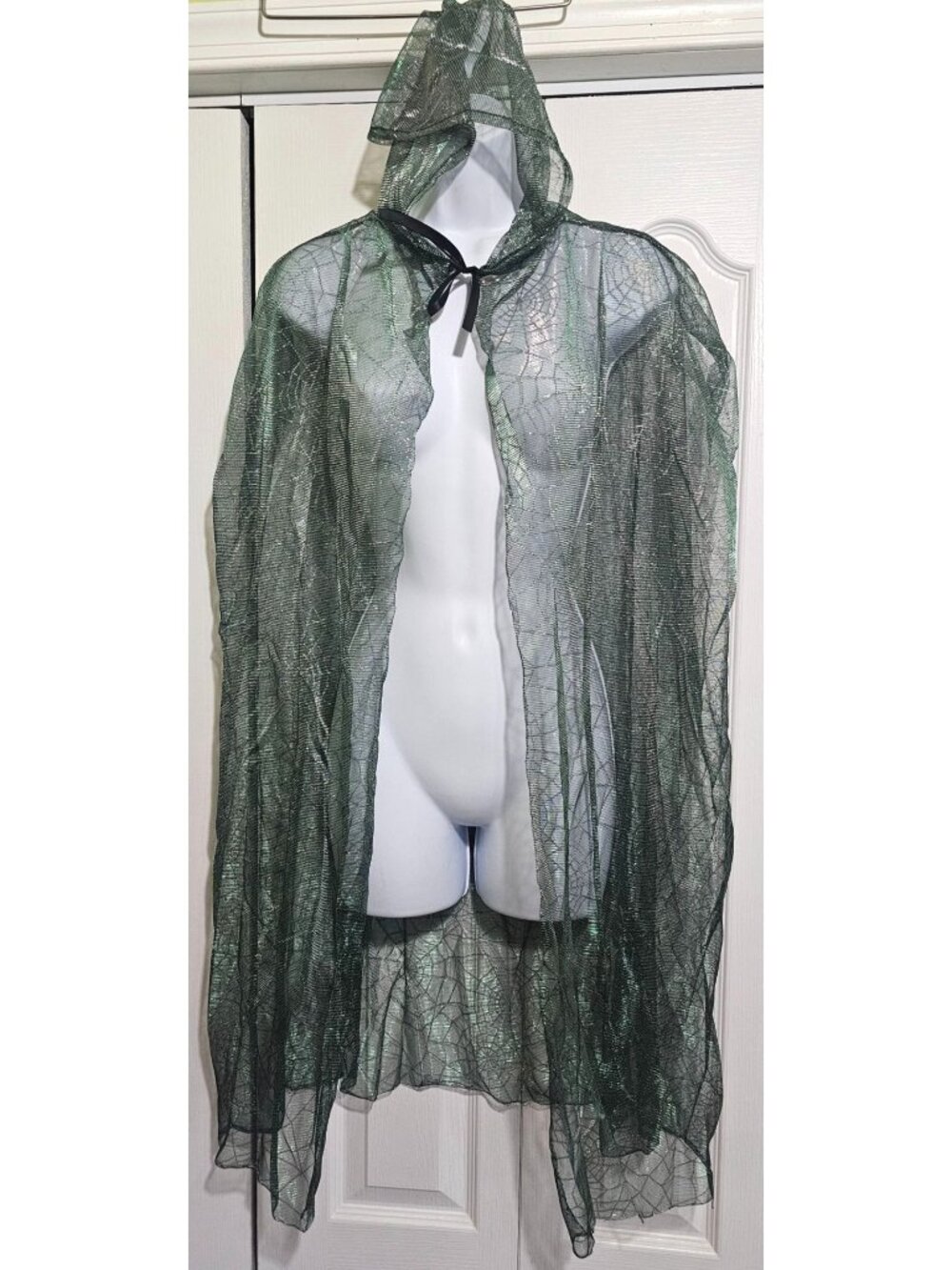 Halloween Adult Hooded Cape Green Sheer Sparkle Spiderweb Witch Costume Spider